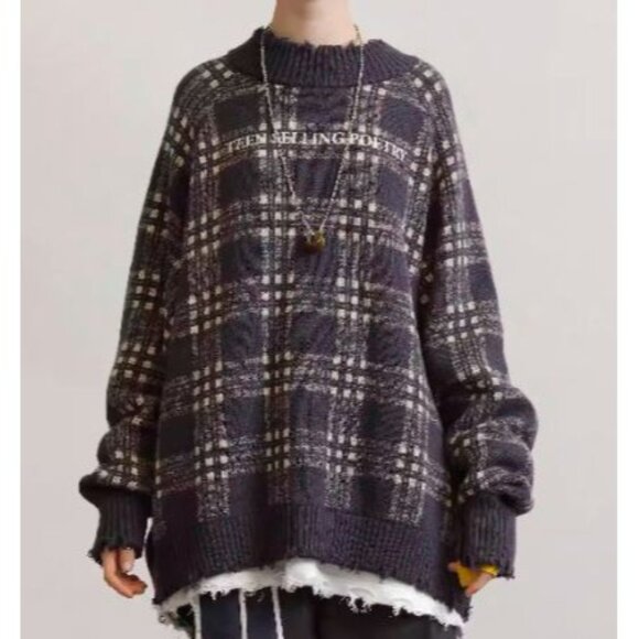 Navy Plaid Graphic Sweater NWT Mens XL Teen Selling Poetry 100% Cotton Unvesno - Picture 8 of 14